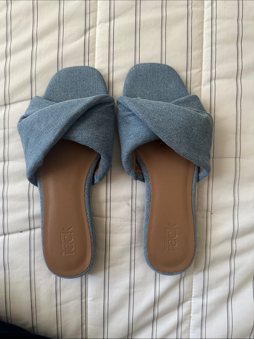 Denim-Style Light Blue Crossover Slide Sandals - Women